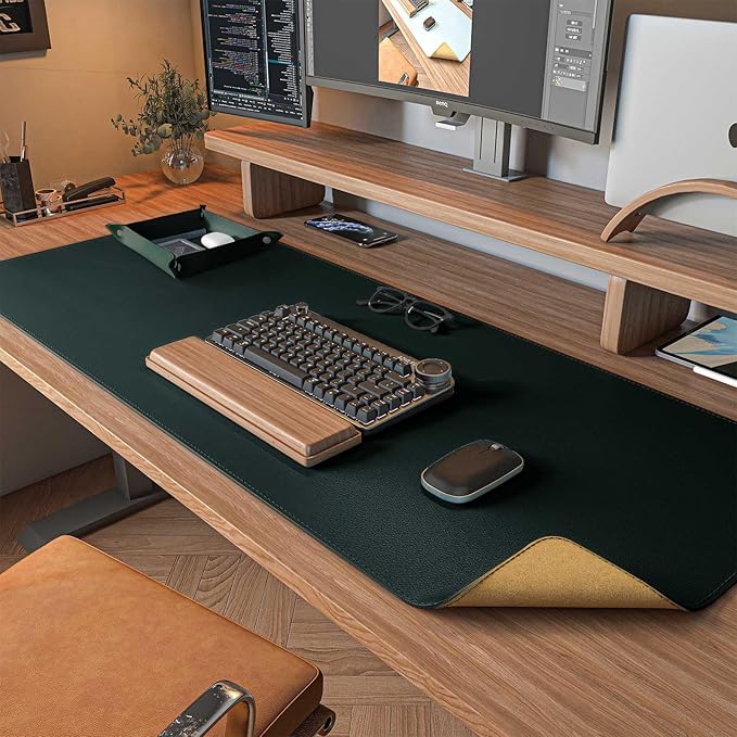 DAWNTREES Dark Green Desk Mat,Leather Desk Pad,35.5"x17",Cork Desk Mat Protector,with PU Leather Valet Tray Organizer,Large Mouse Pad,Desk Writing Pad for Office and Home