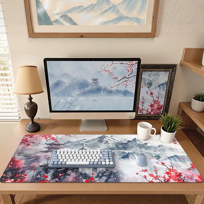 iCasso Desk Protector Mat, Large Japanese Mouse Pad, Stable Rubber Base Mousepad with Stitched Edges, Keyboard Mouse Mat Desk Pad for Work, Game, Office, Home(Sakura)