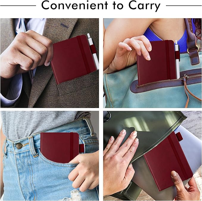 feela 3 Pack Pocket Notebook Journals with 3 Black Pens, A6 Mini Cute Small Journal Notebook Bulk Hardcover College Ruled Notepad with Pen Holder for Office School Supplies, 3.5”x 5.5”, Wine