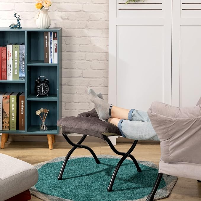 HollyHOME 15"(H) Folding Footrest Stool, Upholstered Small Foldable Ottoman, Accent Padded Sofa Foot Stool for Lazy Chair, Metal Frame Portable Foot Rest Ottoman for Living Room, Bedroom, Coffee