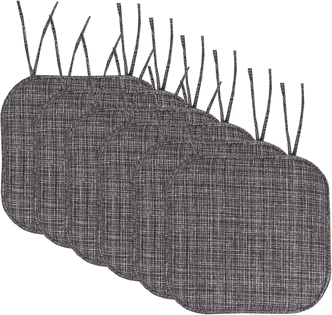 Sweet Home Collection Chair Cushion Memory Foam Pads with Ties Honeycomb Pattern Slip Non Skid Rubber Back Rounded Square 16" x 16" Seat Cover, 6 Pack, Aria Gray/Black 12 Pack