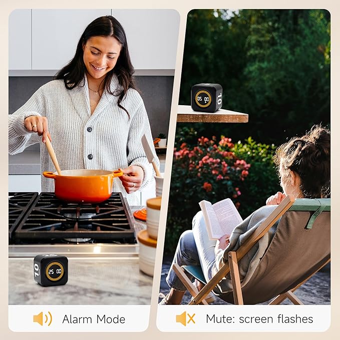 Visual Productivity Timer 5, 10, 25, 50 Minutes Preset, Desk Cube with Gravity Sensor for ADHD, Mute Functions, Ideal for Work, Study, Kitchen, Back to School(1, Black)