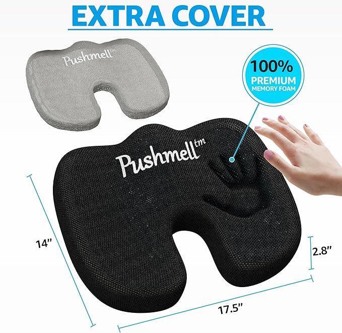 Gel & Memory Foam Seat Cushion for Tailbone & Sciatica Pain Relief – Ergonomic Office Chair & Car Seat Cushion – Chair Cushions for Desk & Home – Includes Bonus Extra Cover