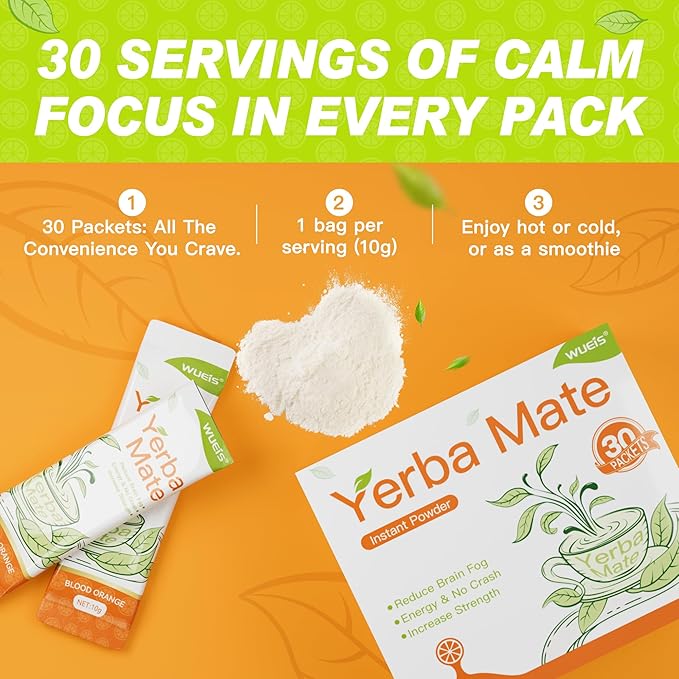 WUEIS Yerba Mate 10000mg Tea Instant Powder,Yerba Magic Powder Single Serve Sticks,Clean Energy,Rich in Prebiotics,Promote Gut Health- Super Yerba,Low Sugar-Natural Caffeine-Orange Flavor-30 Servings