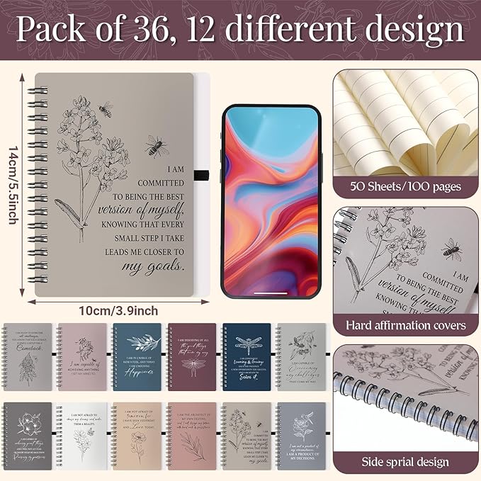 Kosiz 72 Pcs/36 Set Positive Affirmation Gifts Gratitude Spiral Notebooks with Pens Motivational Encouragement Notepads Daily Affirmations Journal for Women (Simple)