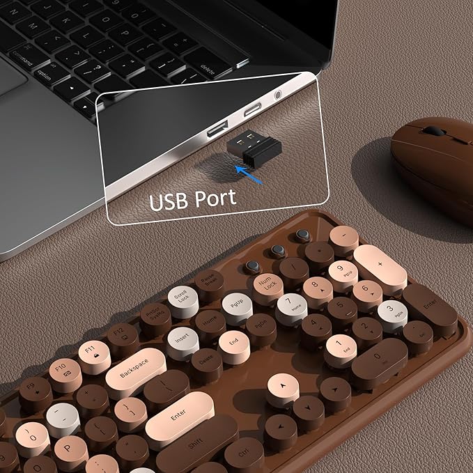 Colorful Wireless Keyboard and Mouse Combo, COVEVA 2.4GHz Wireless Retro Cute Round Keycaps Keyboard, 104 Keys Full-Sized Keyboard Mouse Set with Switch Button for PC Laptop Desktop (Brown Colorful)