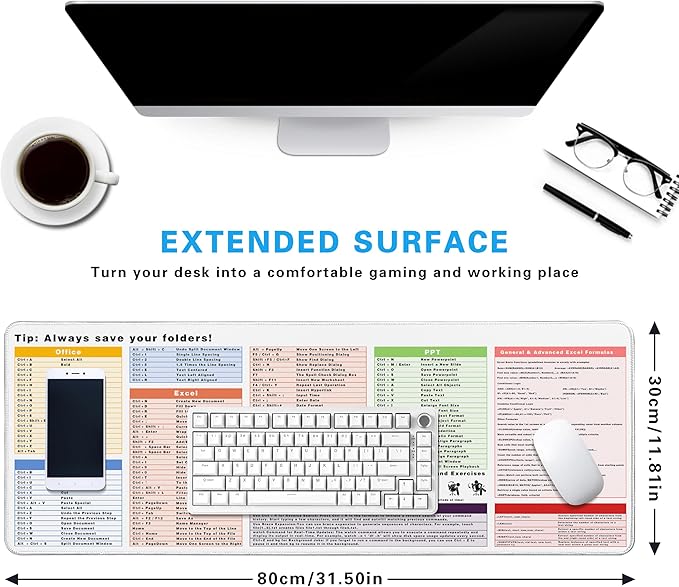 Excel Cheat Sheet Desk Pad, 31.5"x11.8", Waterproof Extra Large Excel Shortcut Mat with Stitched Edges, Anti-Slip Excel Mouse Pad for Office Desk, MS Excel/Word Shortcuts (White Shortcut Key B)