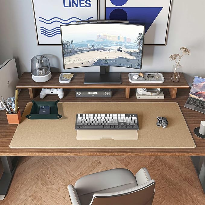 DAWNTREES Dark Green Desk Mat,Leather Desk Pad,35.5"x17",Cork Desk Mat Protector,with PU Leather Valet Tray Organizer,Large Mouse Pad,Desk Writing Pad for Office and Home