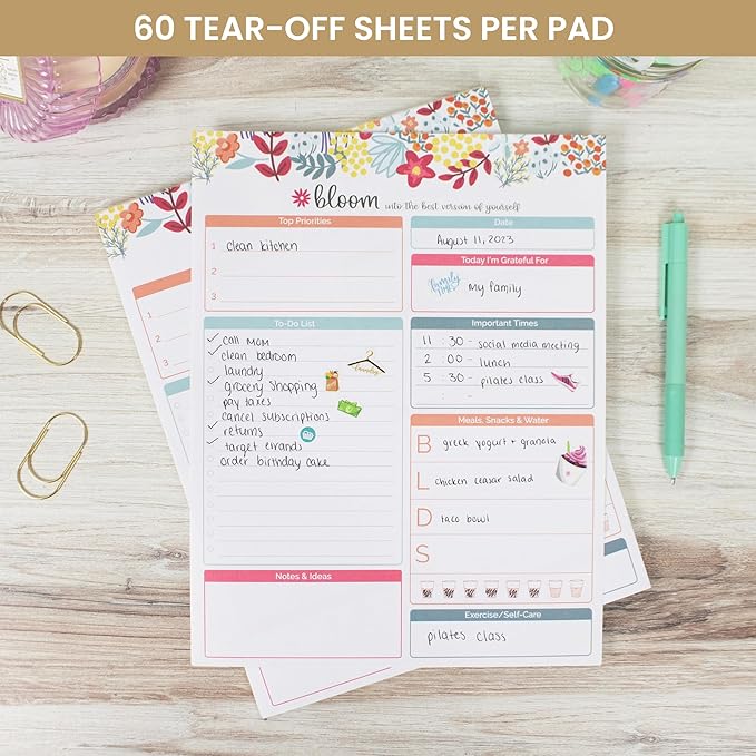 bloom daily planners Family Daily Planning System Tear Off to Do Pad - Undated Planning Sheets - 8.5" x 11" - Floral Dots