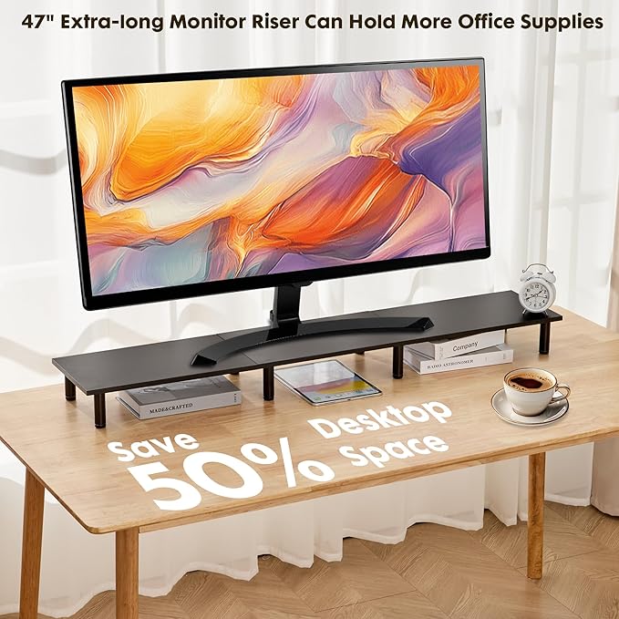 47 Inch Extra-Long Dual Monitor Stand Riser for 2 Monitors, Desk Shelf TV Riser Blocks, Wood and Steel Desktop Riser for Computer, Laptop, Printer, Home Office Organization, Black