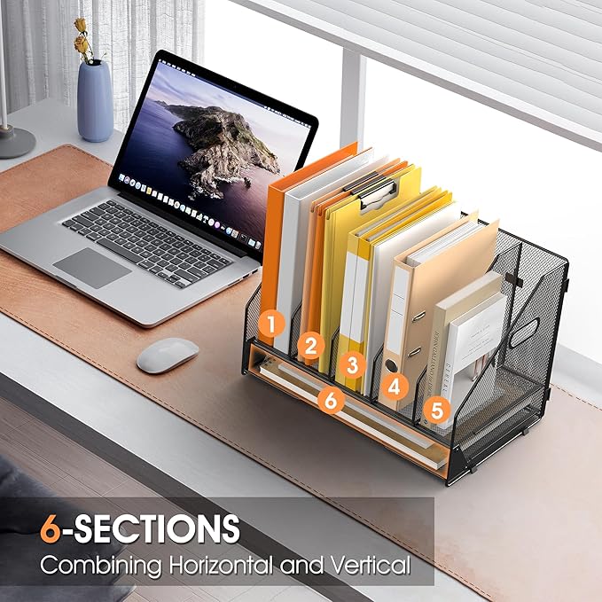 Desk File Folder Holder Organizer-5 Vertical Compartments Racks and Paper Letter Tray,Mesh Magazine File Holder Sorter,Desktop Accessories & Workspace Organizers for Home,Office,School-Black