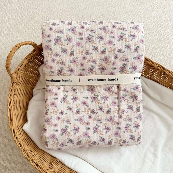BuLuTu Muslin Cotton Toddler Blanket for Crib, Shabby Chic Purple Floral Print, Large Crib Blanket 47x51 Inch, Cottage Baby Quilt for Unisex Boys Girls Gifts, Soft Lightweight