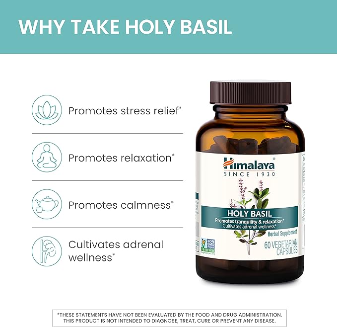 Himalaya Holy Basil, 60 Day Supply - Herbal Adrenal Support for Stress Relief, Relaxation, Energy Support and Occasional Sleeplessness - Vegan, Non-GMO, Gluten Free, 720 mg, 60 Capsules, Pack of 2