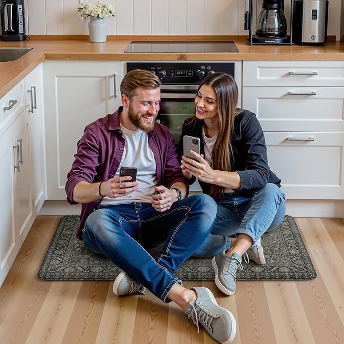 KIMODE Anti Fatigue Kitchen Mat, Cushioned Boho Distressed Kitchen Runner Rug, Non Slip Waterproof Kitchen Mat for Floor, Comfort Foam Standing Desk Mat for Laundry Office Sink Green/Grey 20"x39"