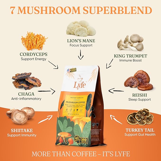 LYFE Organic Instant Decaf Mushroom Coffee – Lion’s Mane, Chaga, Cordyceps, Turkey Tail | USA Grown Adaptogenic Mushrooms for Better Energy, Focus, Gut Health, Immunity – 40 Servings