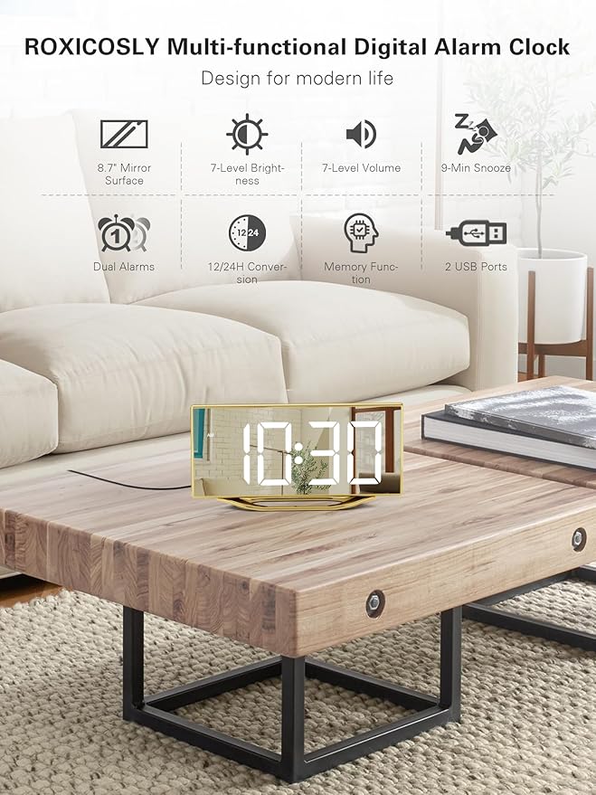 Digital Alarm Clock for Bedrooms, Slim LED Desk Clock with Gold Mirror Finish, 7 Levels Brightness, Dual USB Ports, Snooze, 12/24H, 8.7" Large Display Modern Bedside Clock for Home Office Decor
