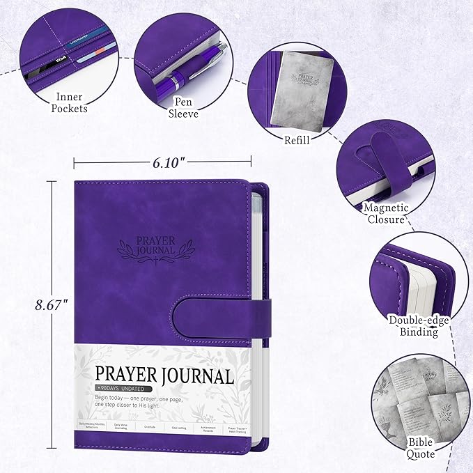 Ospelelf Purple Faux Leather Daily Prayer Journal for Women - Gratitude Journal Bible Study Guided Notebook Planner, Gifts for Christian, Undated 3 Month