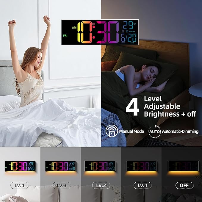 Maxstar 16.2'' Large Digital Wall Clock with Bluetooth Auto Sync, Remote Control, Alarm, LED Display, RGB Colors, Auto DST & Temperature for Classroom, Bedroom, Office, Garage-White