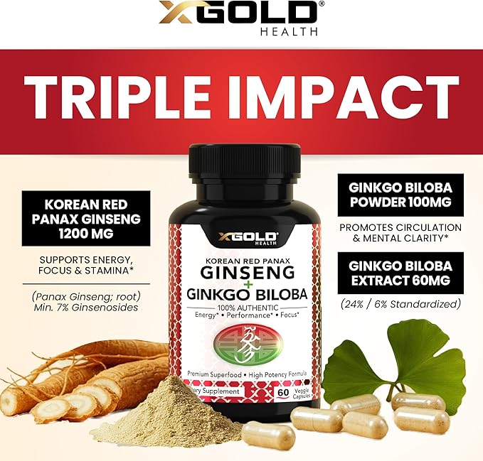 Korean Red Panax Ginseng 1200mg + Ginkgo Biloba - Extra Strength Root Extract Powder Supplement w/High Ginsenosides Vegan Capsules for Energy, Performance & Focus - Supplement for Men & Women