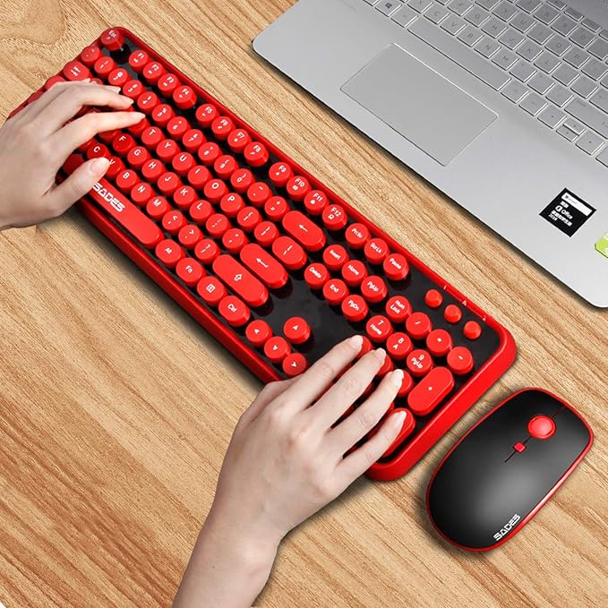Wireless Keyboard Mouse Combo,2.4GHz Waterproof Keyboard with Round Retro Style Red Key and Optical Wireless Gaming Mouse with 3 Adjustable DPI,Compatible with PC, Computer, Laptop, Desktop, Note-Red