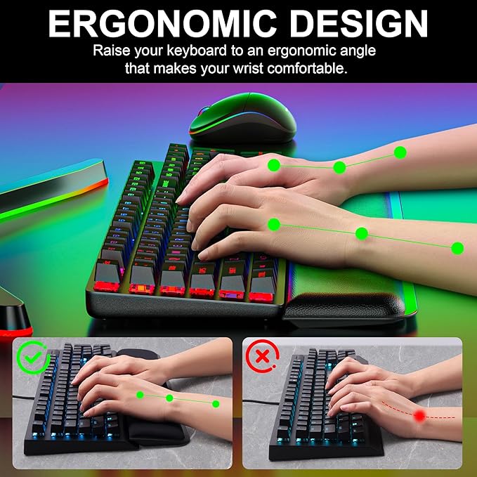 Computer Keyboard Wrist Rest Pad, Ergonomic Soft Memory Foam Wrist Support w/Anti-Slip Rubber Base, Black (Protein Leather, 17.48 in*3.54 in*1.1 in)