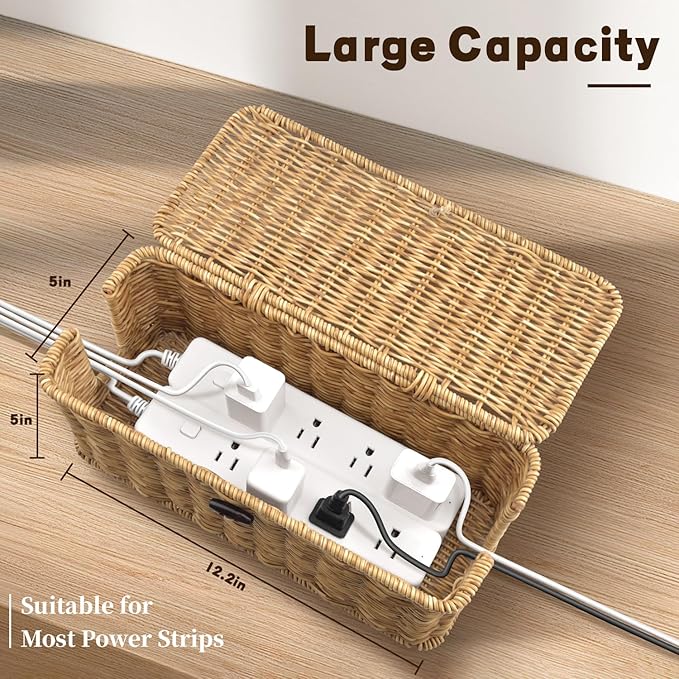 Handmade Cable Management Box – Stylish & Functional Cable Organizer with 2 Open Slots for Home & Office, TV Wires Computer Router USB Hub & Power Strip Rattan Cord Hider Box (Wood Color)