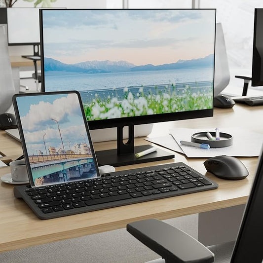 Wireless Keyboard and Mouse, Ergonomic Keyboard Mouse with Phone Holder, 2.4GHz Cordless Keyboard Mouse for Mac, Windows, PC, Laptop （Black）