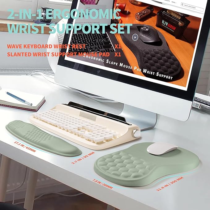 2-in-1 Ergonomic Set, Wave Rise Keyboard Wrist Rest and Massage Bulge Slope Mouse Pad Wrist Support, Cushion Memory Foam Integrated to Relieve Wrist Pain, Light Green