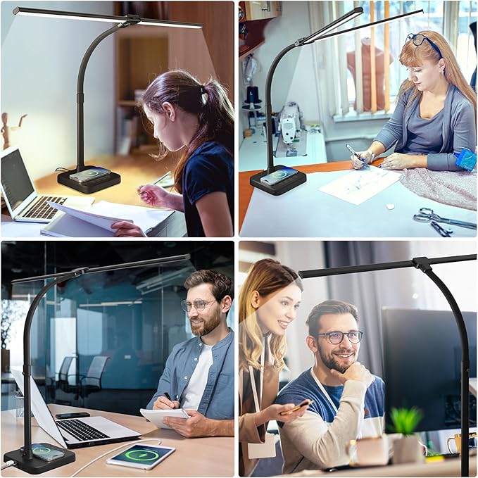 ShineTech LED Desk Lamp for Home Office, 24W Double Head Desk Light with Wireless Charging, USB Port, Adjustable Gooseneck Lamps, 5000K Daylight White