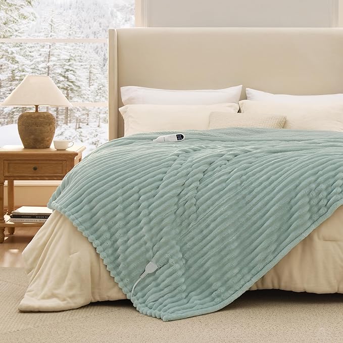 Bedsure Electric Blanket Full Size - Thick Striped Flannel Heated Blanket with 6 Heat Settings, 10 Time Settings, 8-Hour Timer Auto Shut Off, Gifts for Grandma (72x84 inches, Green)