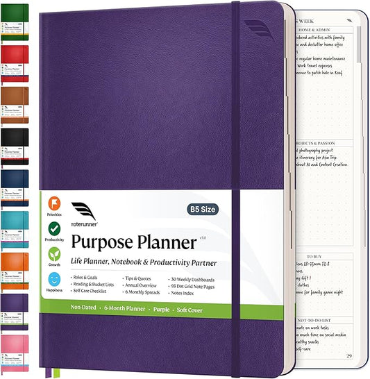 Roterunner Purpose Planner Notebook B5 7.5”x9.8” Undated Planner 2025 Daily Weekly and Monthly Productivity Goal Setting Tool for Work Home ADHD Planner for Adults Self Care Journal (Purple Softcover)