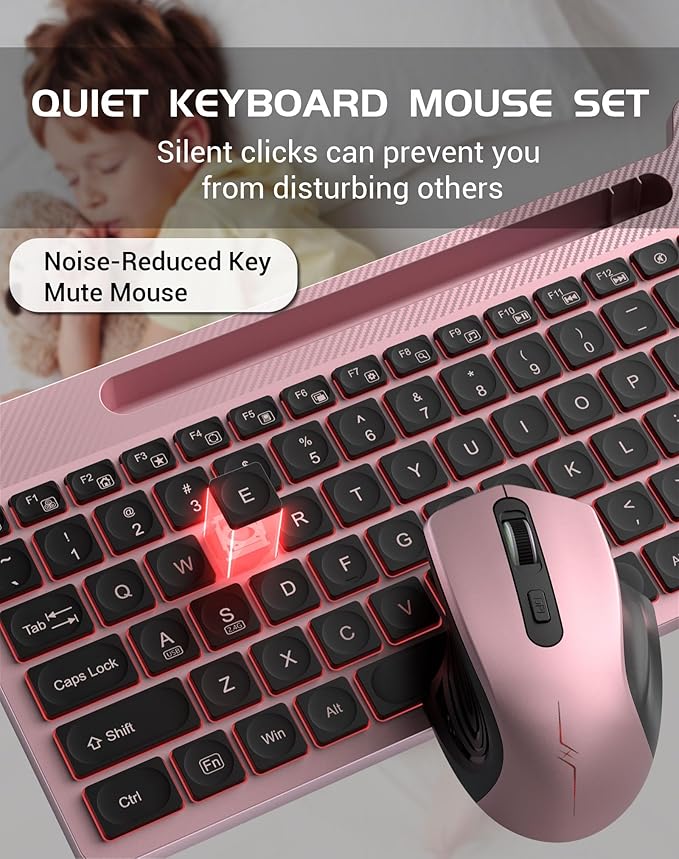 Wireless Keyboard Mouse Combo, Full Size Ergonomic Keyboard with Backlit, Wrist Rest, Calculator, Phone Holder, 2.4Ghz Silent Cordless Rechargeable Keyboard & Mouse for Laptop, PC (Pink Black)