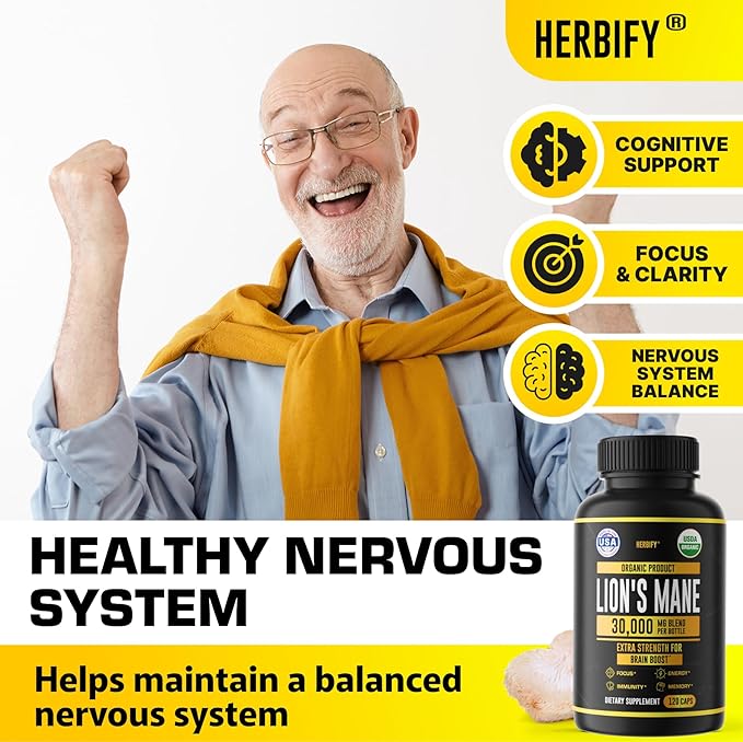 HERBIFY Lions Mane Supplement - Daily Mushroom Supplement for Memory, Focus & Clarity - Brain Booster - Lions Mane Capsules for Natural Immune Support - Vegan, Organic - 120 Capsules