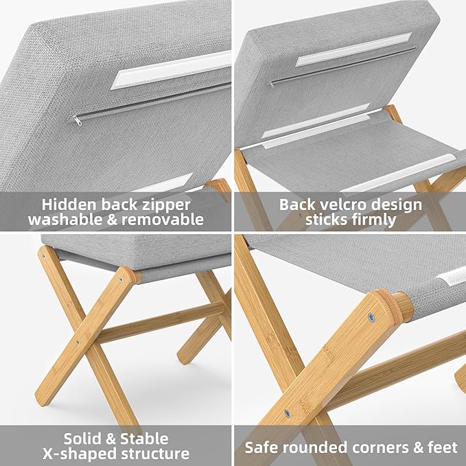 Foldable Foot Stool Ottoman, Modern Foot Rest with Bamboo X Legs & Thick Foam Cushion, Folding Foot Stools Small Padded for Bedroom Living Room, Makeup Vanity Stool Chair (Natural - Grey)