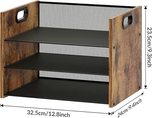 3 Tier Wood Paper Organizer for Desk, Metal Office Organizer and Accessories with Handle, Mesh File Holder for Desk, File Cabinets for Home Office, School