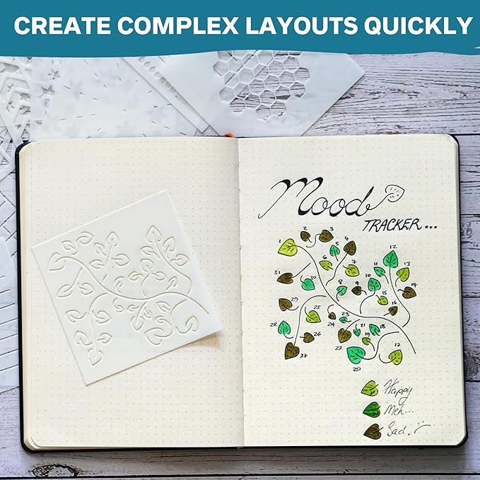 Portable Planner Stencils - x16 Small Square Journal Stencils with Templates for Habit Trackers, Calendars, Checklists, Meal Plans - Journaling Supplies Kit & Planner Accessories for Bullet Journals