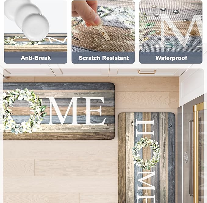 KIMODE Farmhouse Kitchen Floor Mats Cushioned Anti Fatigue,Memory Foam Rugs Non Slip Sets of 2,Long Waterproof Carpet for Sink Laundry Office Bathroom,Blue 17"x59"+17"x29"