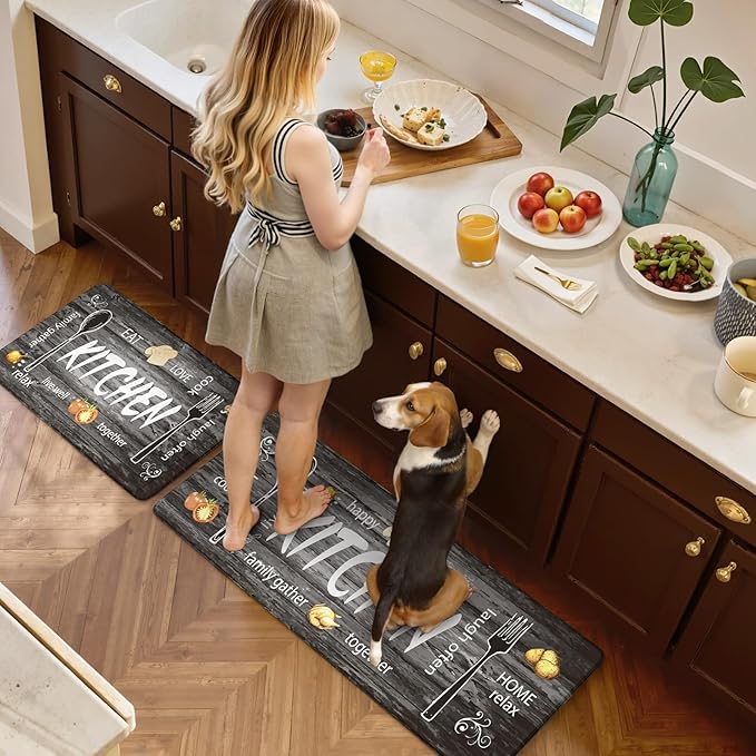 KIMODE Kitchen Mats,Grey Anti Fatigue Kitchen Rugs Sets of 2,Non Slip Waterproof Farmhouse Kitchen Floor Mats,Cushioned Comfort Standing Mat for Home,Laundry, Sink,Desk