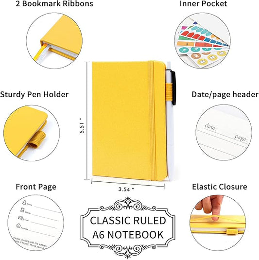 feela 3 Pack Pocket Notebook Journals with 3 Black Pens, A6 Mini Cute Small Journal Notebook Bulk Hardcover College Ruled Notepad with Pen Holder for Office School Supplies, 3.5”x 5.5”, Yellow