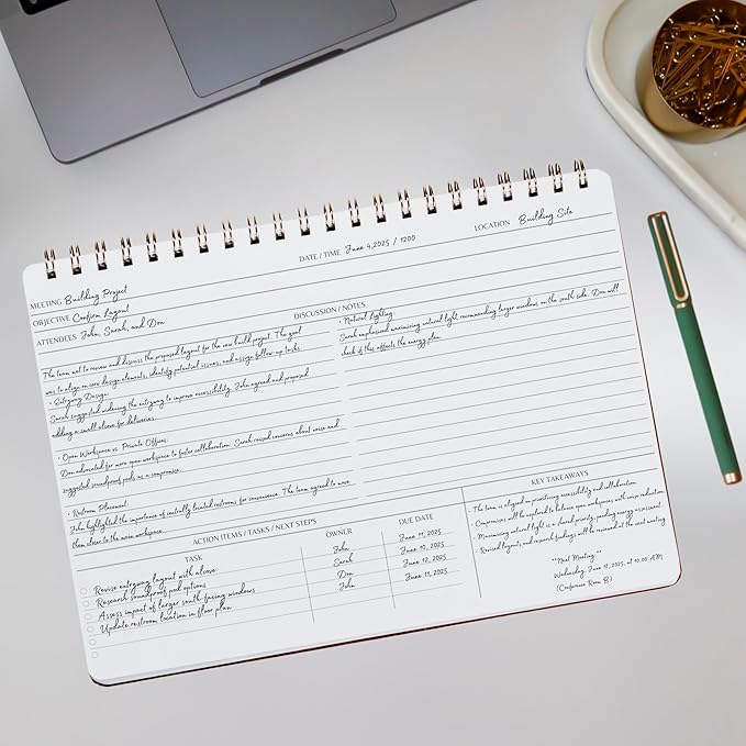 | Meeting Notebook for Work | 8.25" x 11.75" | Project Planner | Simple Design | Multiple Layouts | Office and Business Planner (Evergreen, Meeting Planner - Landscape)