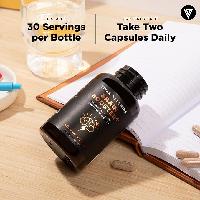 Vital Vitamins Nootropic Brain Supplement Plus - for Memory, Focus, Concentration, Neuro Energy, Clarity - with Lion's Mane Mushrooms - 60 Capsules