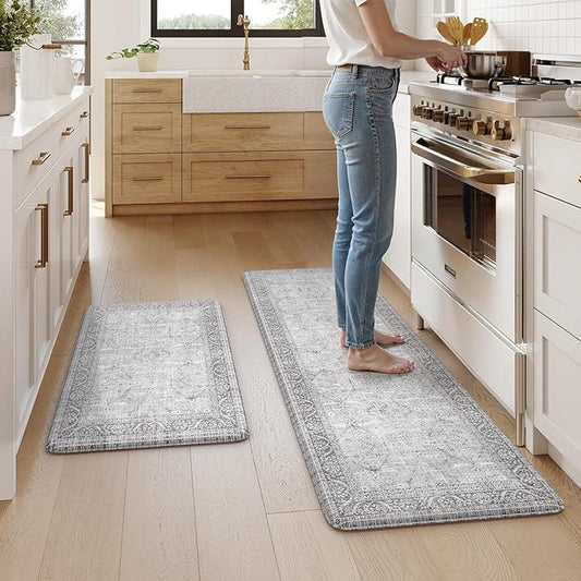 KIMODE Anti Fatigue Kitchen Mats for Floor, Boho Vintage Kitchen Rugs Sets of 2, Cushioned Kitchen Floor Mats Non Slip, Comfort Rugs for Kitchen Floor Sink Laundry Desk Grey 20"x59"+20"x32"