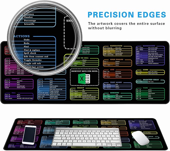 Excel Cheat Sheet Desk Pad, 31.5"x11.8", Waterproof Extra Large Excel Shortcut Mat with Stitched Edges, Anti-Slip Excel Mouse Pad for Office Desk, MS Excel/Word Shortcuts (Color Excel)