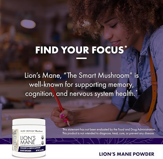 Host Defense Lion's Mane Powder - Brain Health Support Supplement - Mushroom Supplement to Support Focus & Memory Function - Immune & Nervous System Support Supplement - 7 oz (133 Servings)*