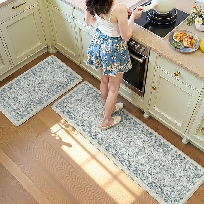 KIMODE Anti Fatigue Kitchen Mat, Boho Distressed Kitchen Rugs Sets of 2,Kitchen Mats for Floor Cushioned Non Slip, Comfort Kitchen Floor Mats for Sink, Laundry, Desk Blue 17"x59"+17"x29"