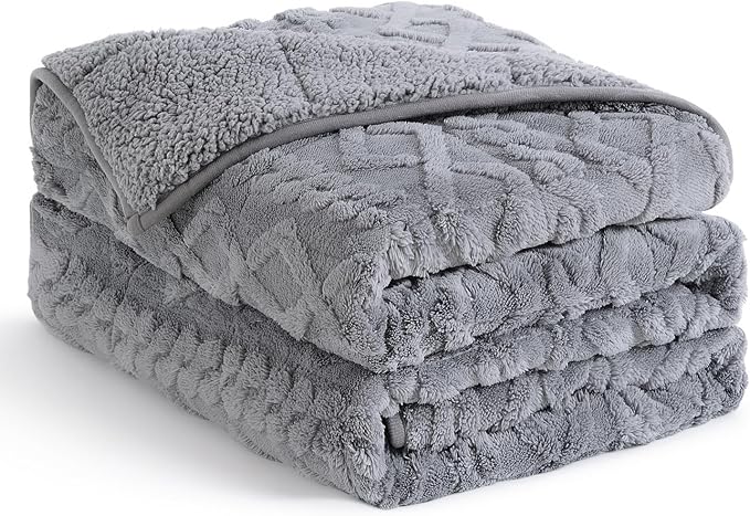 Topblan Weighted Blanket Twin Size 12 lbs, Soft Weighted Blanket with Doubled-Sized Shaggy Sherpa, Jacquard Knitted Stylish Warm Weighted Blankets Throw for Better Sleep, Grey, 48 x 72 inches