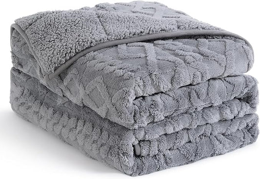 Topblan Weighted Blanket Twin Size 12 lbs, Soft Weighted Blanket with Doubled-Sized Shaggy Sherpa, Jacquard Knitted Stylish Warm Weighted Blankets Throw for Better Sleep, Grey, 48 x 72 inches