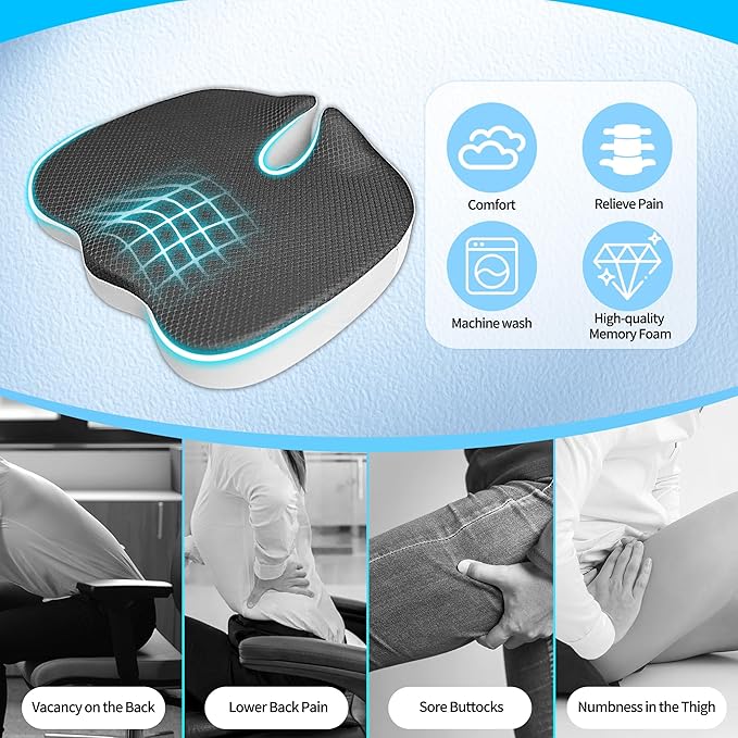 Car Seat Cushion,U-Shaped Memory Foam Seat Cushion for Back Pain Relief - 2.8In Thick Ergonomic Car & Office Chair Pad with Coccyx Cutout, Removable Cover,Universal Fit, Easy to Install(Black)