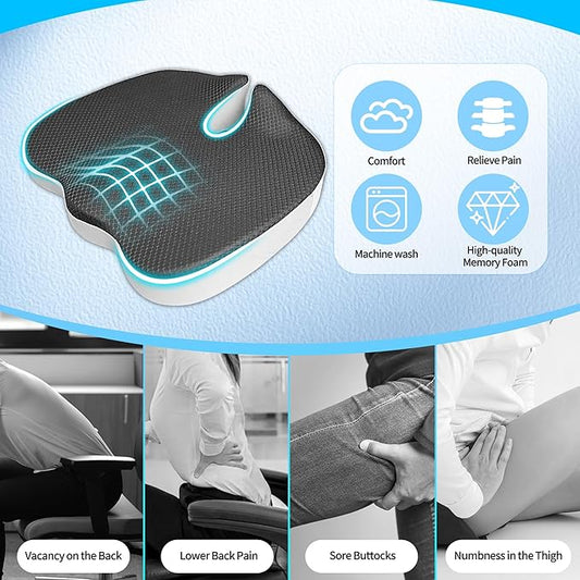 Car Seat Cushion,U-Shaped Memory Foam Seat Cushion for Back Pain Relief - 2.8In Thick Ergonomic Car & Office Chair Pad with Coccyx Cutout, Removable Cover,Universal Fit, Easy to Install(Black)