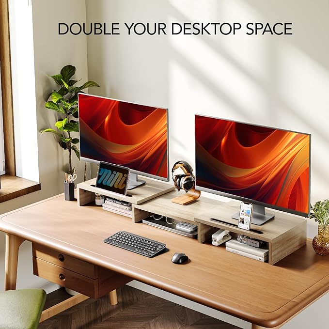 AMERIERGO Dual Monitor Stand Riser- 3 Shelf Screen Stand with Adjustable Length and Angle, 2 Extra Functional Slot Desktop Organizer Stand for PC, Computer, Laptop (Light Wood)